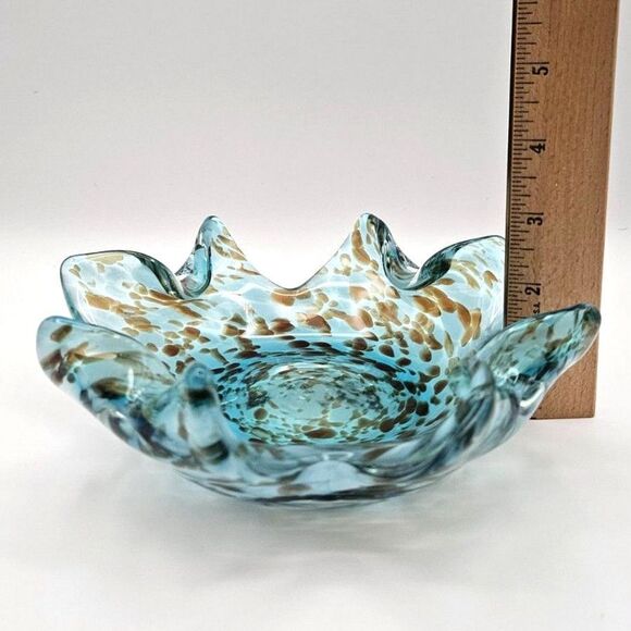 Art Glass Ruffle Bowl Dish Blue Aqua Brown Splatters Murano-like Star Fish - Picture 10 of 12